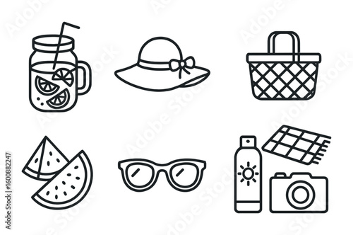 Summer Picnic Icons. Outline icon set of Summer picnic vibes: lemonade jar, sun hat, picnic basket, blanket,