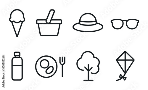 Warm Weather Icons. Outline icon set of Warm weather hangouts: ice cream, picnic basket, sunhat, sunglasses,