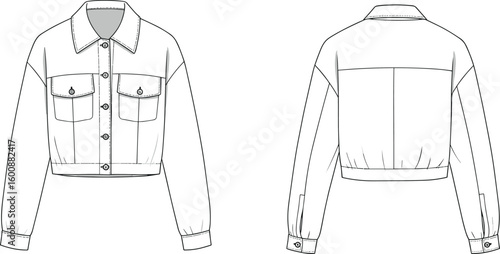Jacket technical drawing, front view, back view, buttoned closure, flap chest pockets, collar design, cuff buttons, waistband detail, fashion flat, garment blueprint, apparel template, clothing layout