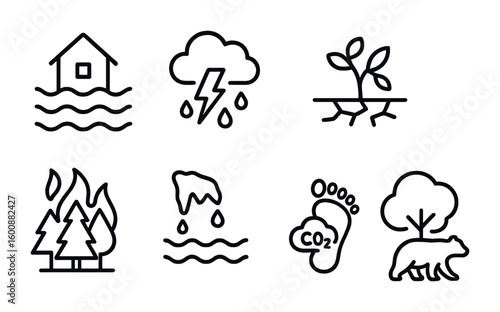 Climate Change Icon Set. Outline icon set of climate change effects: rising sea levels, extreme weather,
