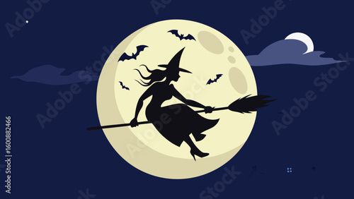  Halloween Witch Flying on Broomstick Silhouette Against Full Moon and Haunted House
