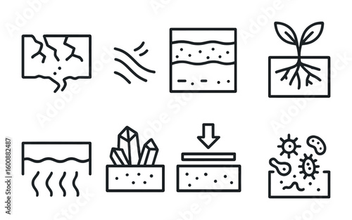 Soil Composition Icons. Outline icon set of soil and ground changes: cracked earth, erosion, sediment layers,