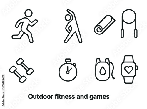 Outdoor Fitness Icons. Outline icon set of outdoor fitness and games: jogging, stretching, yoga mat, skipping