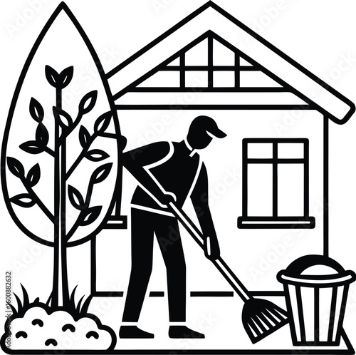 Man with broom and woman cleaning, a vector illustration of a worker, tools, domestic work, helper, mop head