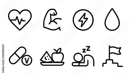 Exercise Benefits Icons. Outline icon set of physical exercise benefits: heart rate, muscle, energy, hydration