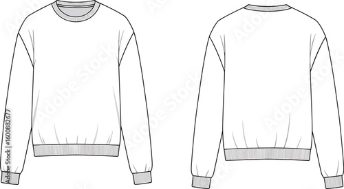 Sweatshirt technical drawing, front view, back view, round neckline, ribbed cuffs, ribbed hem, long sleeves, fashion flat, garment blueprint, apparel template, clothing layout, fashion CAD, sweatshirt