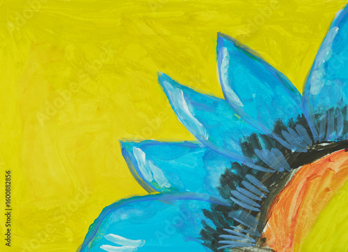 Children's illustration of a sunflower with blue petals on a yellow background.