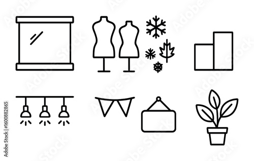 Store Display Icons. Outline icon set of store window display: glass window, mannequins, seasonal decor,