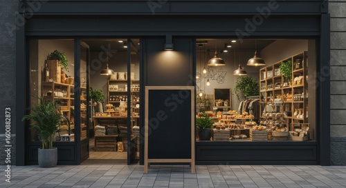 A bakery shop with a dark facade, displaying various baked goods and treats in its window. A blank chalkboard stands outside.