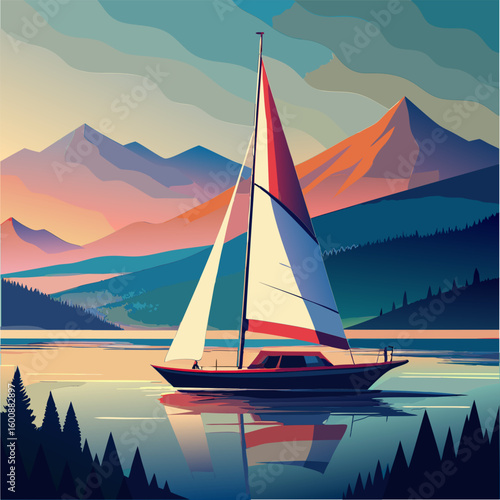 A sailboat floats on a serene lake at dawn. nestled amidst mountains and forests. Peaceful scene of a leisure activity with a picturesque landscape.