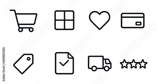 E-Commerce Icon Set. Outline icon set of e-commerce app design: shopping cart, product listing, wishlist,