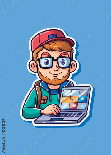 Young male graphic designer working on a laptop in a casual setting. Casual. focused pose with a laptop screen displaying various images in the background.