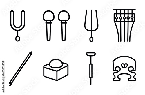 String Instrument Icons. Outline icon set of string instrument tuning and setup: tuning fork, pegs, strings,