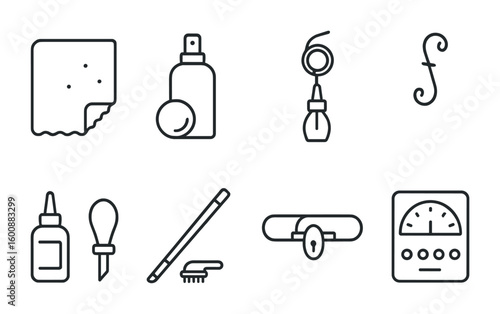 Musical Instrument Care Icons. Outline icon set of musical instrument maintenance: cleaning cloth, polish,