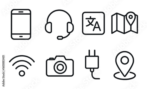 Travel Communication Icons. Outline icon set of travel communication tools: smartphone, headset, translator