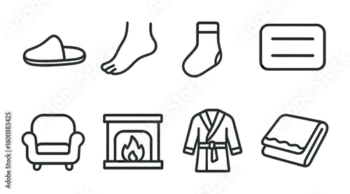 Cozy Home Essentials. Outline icon set of putting on slippers: slipper, foot, sock, door mat, cozy chair,