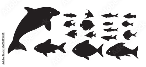 Marine Life Silhouettes Vector Pack - Fish and Dolphin Ocean Creatures