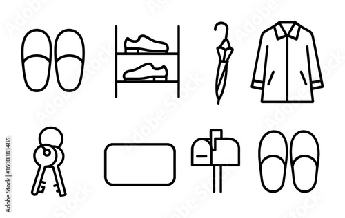 Home Entry Icons. Outline icon set of home entry essentials: slippers, shoe rack, umbrella, coat, keys, door