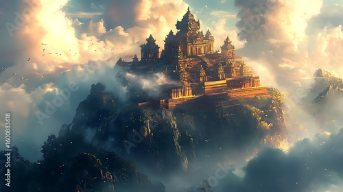  Clouds adding mystique to an ancient temple sitting atop a mountain 