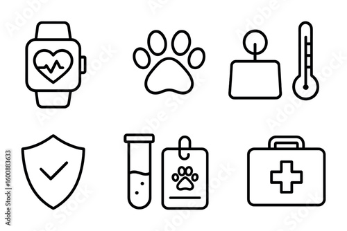 Pet Health Icons. Outline icon set of pet health monitoring: heart rate monitor, paw print, weight scale,