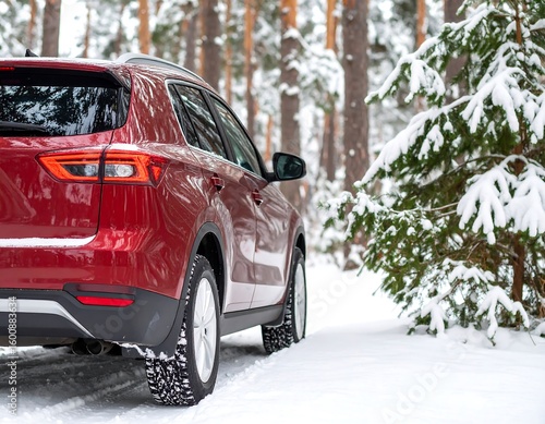 Red SUV in snowy forest (1)
