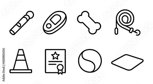 Dog Training Icons. Outline icon set of dog training: dog whistle, clicker, treat, leash, agility cone,