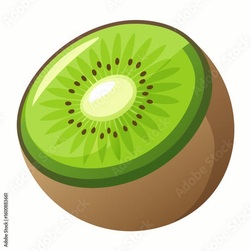Kiwi fruit slice. vibrant green with brown seeds. displayed in a stylized. cartoonish presentation. Fresh and appetizing slice isolated against a pure white background.