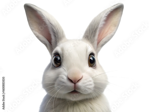 Close up of a white rabbit with long ears and brown eyes on a black background looking at the viewer