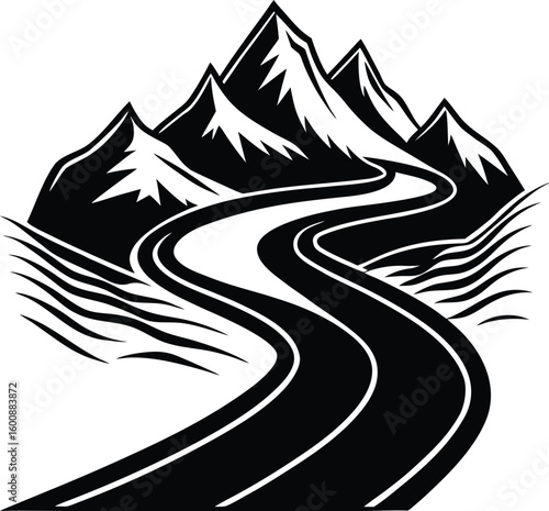 Winding asphalt road curve illustration: a dynamic path through mountainous nature, perfect for concepts of speed and travel, escape, motion blur, mountain road, serpentine