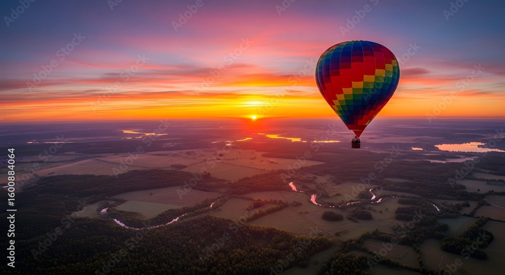 Obraz premium Hot air balloon at sunrise with colorful sky and scenic landscape photo