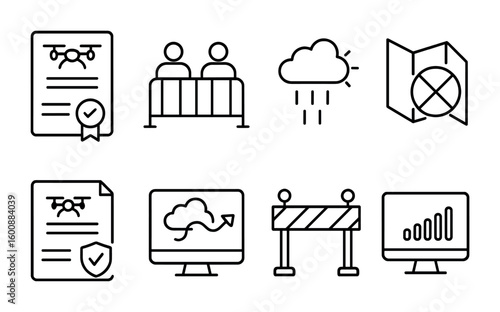 Drone Show Logistics. Outline icon set of drone show logistics: event permits, crowd control, weather forecast