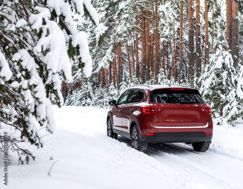 Red SUV in snowy forest