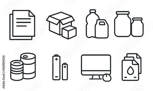 Recycling Icons Collection. Outline icon set of recyclable materials in classroom: paper sheets, cardboard