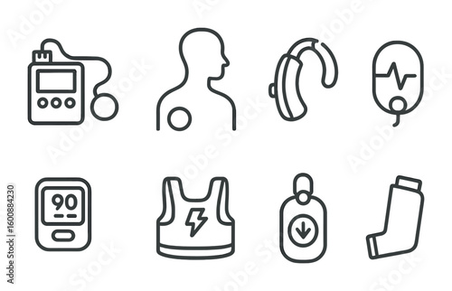 Medical Wearable Icons. Outline icon set of medical wearable tech: insulin pump, continuous glucose monitor,