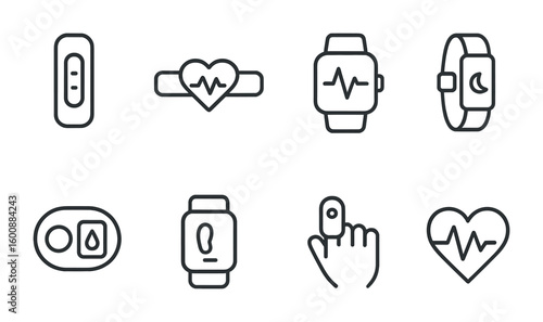 Wearable Health Tech Icons. Outline icon set of wearable health tech: fitness tracker, heart rate monitor,