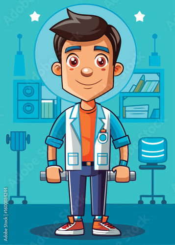 Young male doctor in casual medical attire standing confidently in a modern medical facility. He holds dumbbells. and a background of equipment and files suggests a dynamic work environment.