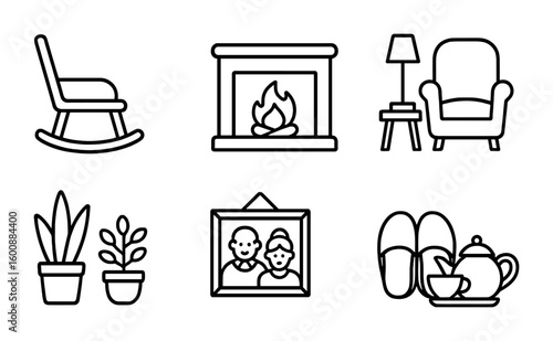 Senior Comfort Icons. Outline icon set of home and comfort for seniors: rocking chair, warm blanket, cozy