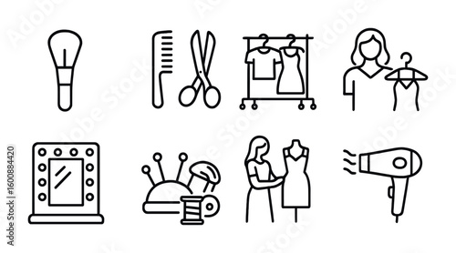 Backstage Fashion Icons. Outline icon set of backstage fashion show: makeup brush, hairstyling tools, clothing