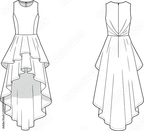 High-low dress sketch, sleeveless bodice drawing, round neckline design, layered skirt, pleated back, zipper closure, fashion flat, garment blueprint, apparel template, clothing layout, fashion CAD, d