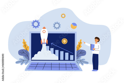 Business strategy for finding solutions to launch startup, Vector flat illustration of entrepreneur working to achieve success.