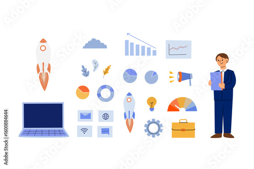 Startup launch and acceleration - businessman with laptop, rocket, profit chart and megaphone. Flat illustration of business strategy