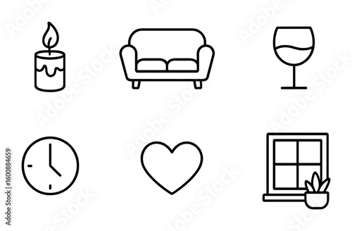 Intimate Home Icons. Outline icon set of intimate home moments: candle, sofa, wine glass, book, clock, heart,