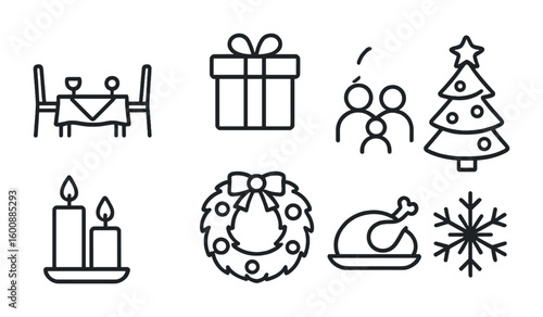 Holiday Gathering Icons. Outline icon set of family and holiday gatherings: dinner table, gift box, Christmas