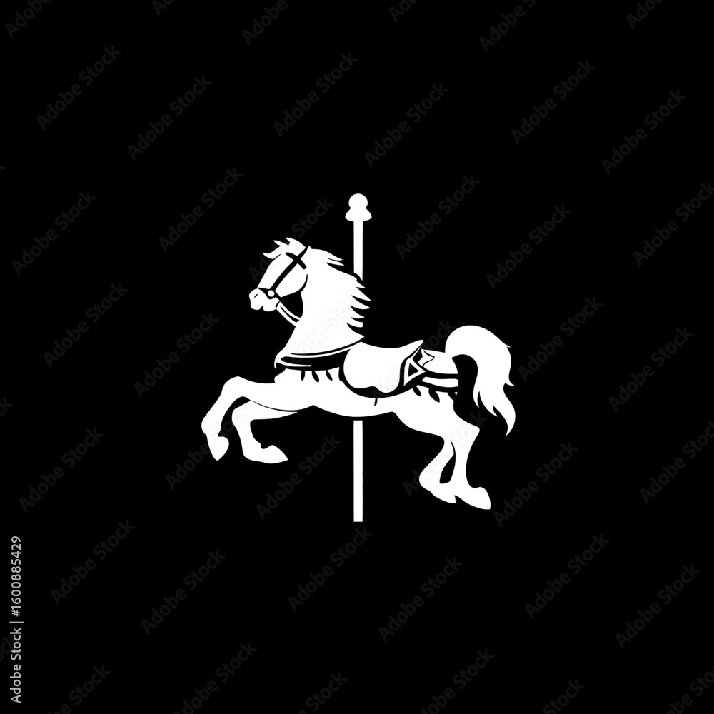 Obraz premium White horse rotates cheerfully on black background carnival graphic