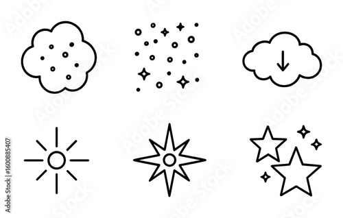Star Formation Icons. Outline icon set of star formation stages: gas cloud, dust particles, gravitational
