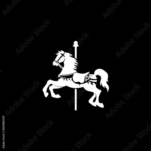 White horse rotates cheerfully on black background carnival graphic