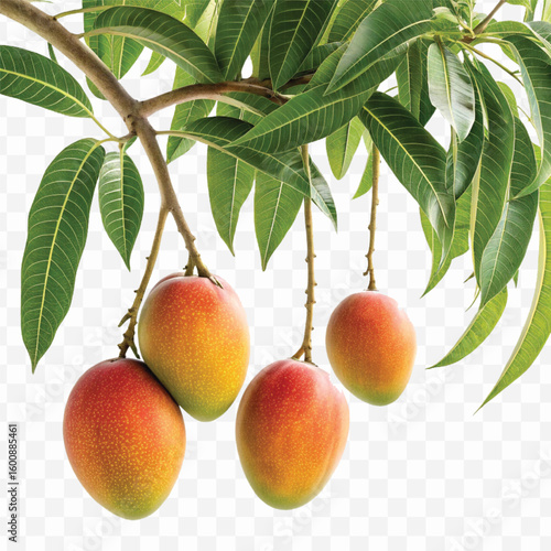 realistic fresh mango hanging from a branch with green leaves in a natural setting isolated on transparent background