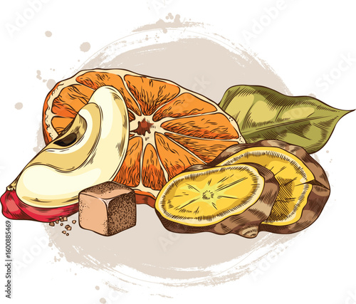 Watercolor sketch with orange, apple, ginger slices, bay leaf and sugar cube.