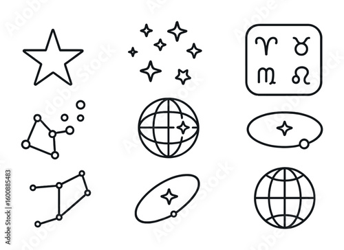 Celestial Line Icons. Outline icon set of constellation elements: star, star cluster, zodiac signs, asterism,