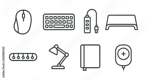 Minimalist Office Gadgets. Outline icon set of minimalist office gadgets: ergonomic mouse, wireless keyboard,